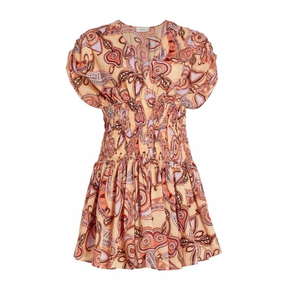 A.L.C. Mini Dress Luna Smocked Peach Multicolor Fit and Flare 100% cotton
